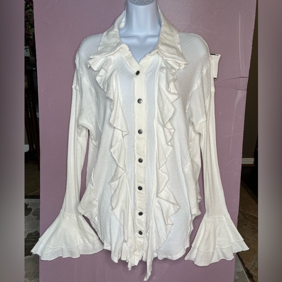 Free People Blouse NWT Ruffle Tuxedo XS Dropping Tears Bloom Sleeve - Picture 3 of 12